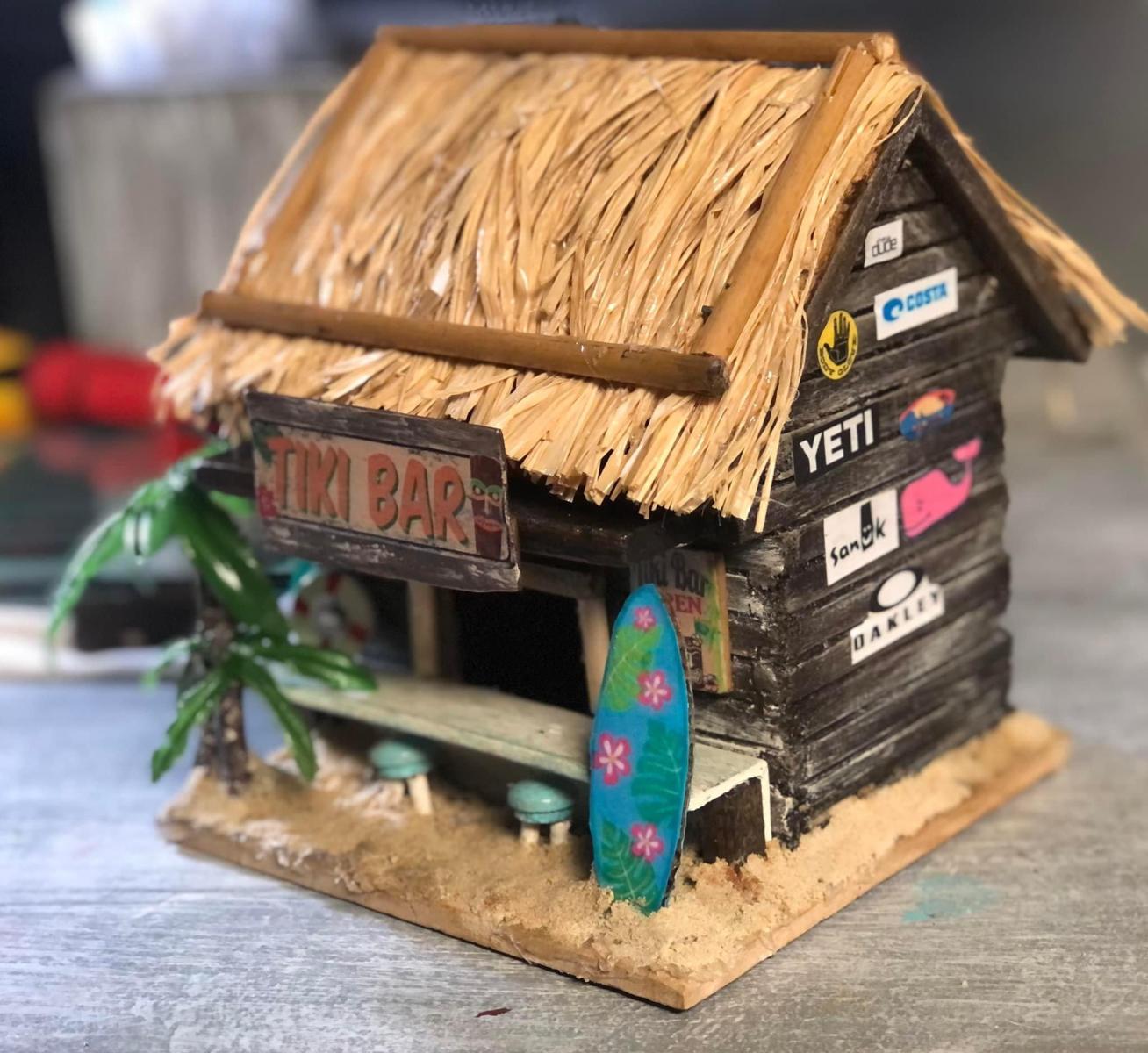 Repurposed bird house into Tiki Bar Birdhouse
